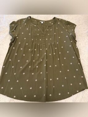 Sonoma Olive Green Floral Pintuck Cap-Sleeve Top